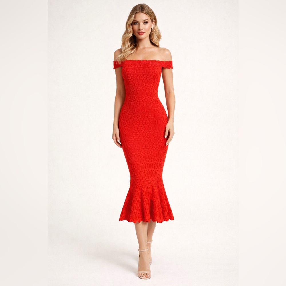 Jonathan‎ Simkhai Red Stretch-Knit Mermaid Style Off Shoulder Midi Dress